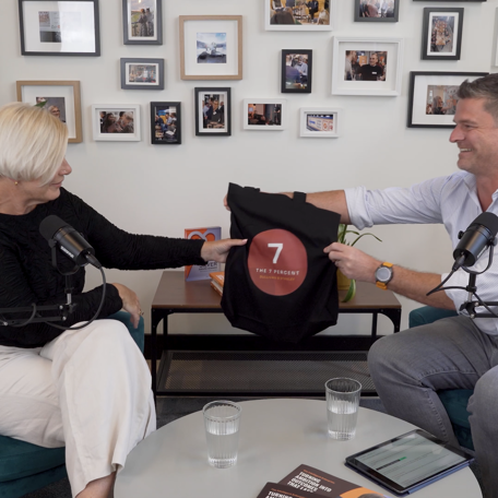 Sullivan & Stanley S&S The 7 Percent Podcast Business Transformation Podcast Host and CEO Andy Haley giving gift to guest Jane Bates